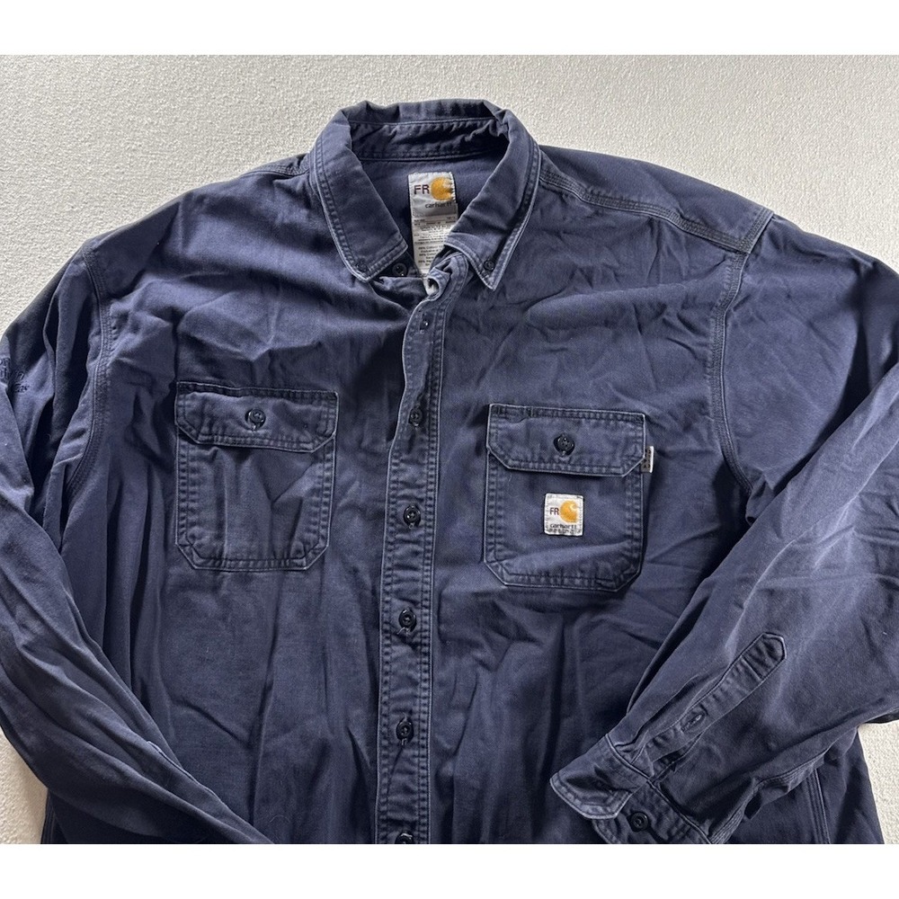 Carhartt FRS160 DNY Navy Flame Resistant Long Sleeve Work Shirt Size 2XL - Picture 2 of 12